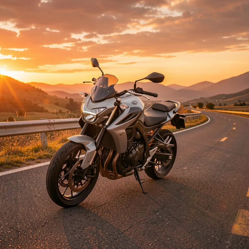 Moto garée sur une route ouverte au coucher du soleil